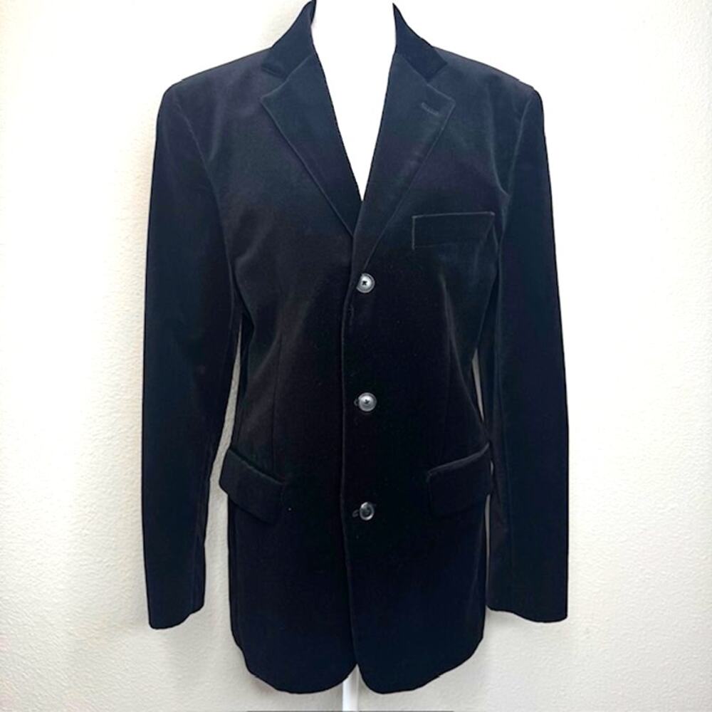 Material London Blazer Black Velvet Single Breasted Two Button Jacket Sz Small